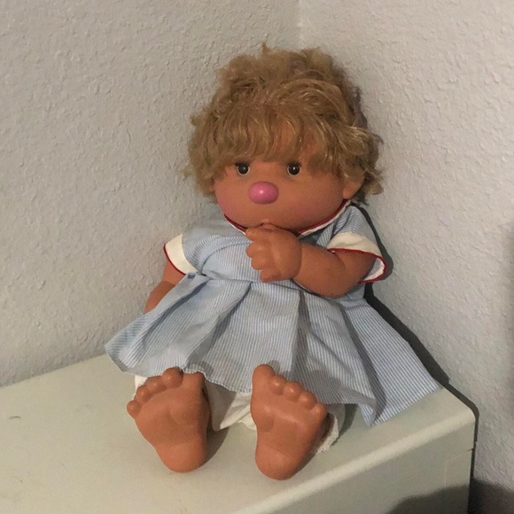 Other - VTG Vicma Bambo Thumb Sucking Baby Doll 1980s Girl Blonde 20” Blue Dress Bloomer